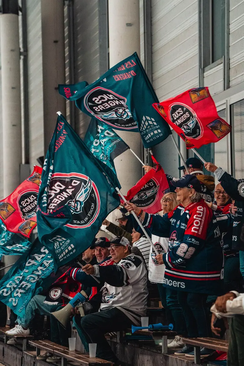 Supporters des Albatros de Brest agitant leurs drapeaux dans les tribunes de la patinoire